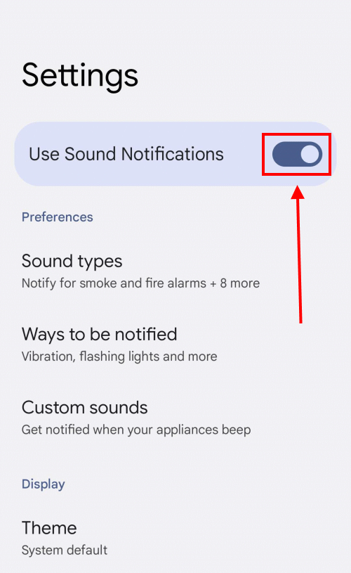 Tap the toggle switch for Use Sound Notifications to turn it off.